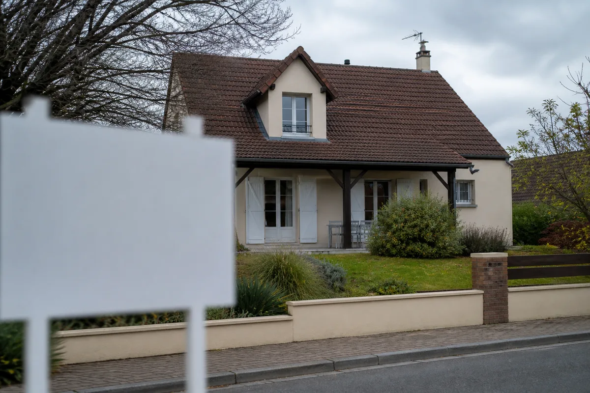 Maison individuelle avec jardin sous un ciel couvert, panneau immobilier flou au premier plan