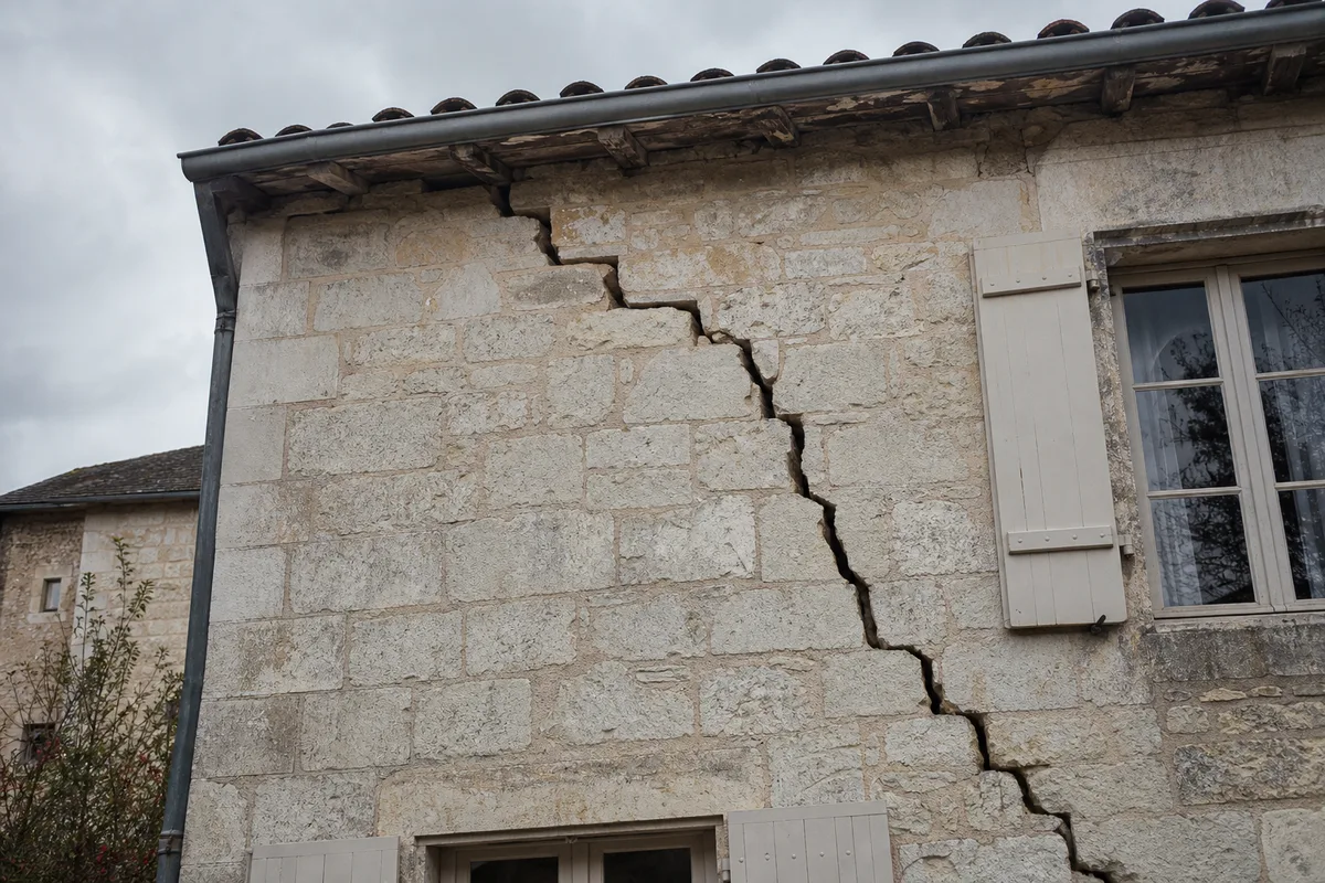 Fissure profonde traversant un mur de façade en pierre d’une maison ancienne, ciel gris