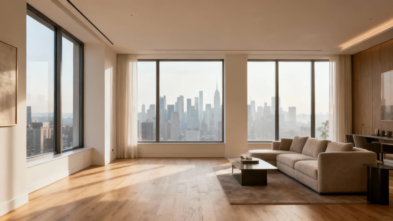 Interieur d'un appartement moderne avec vue sur la ville